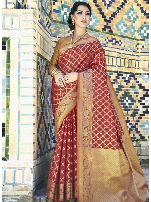 Enrich Red Weaving Silk Saree With Goldan Color Blouse 